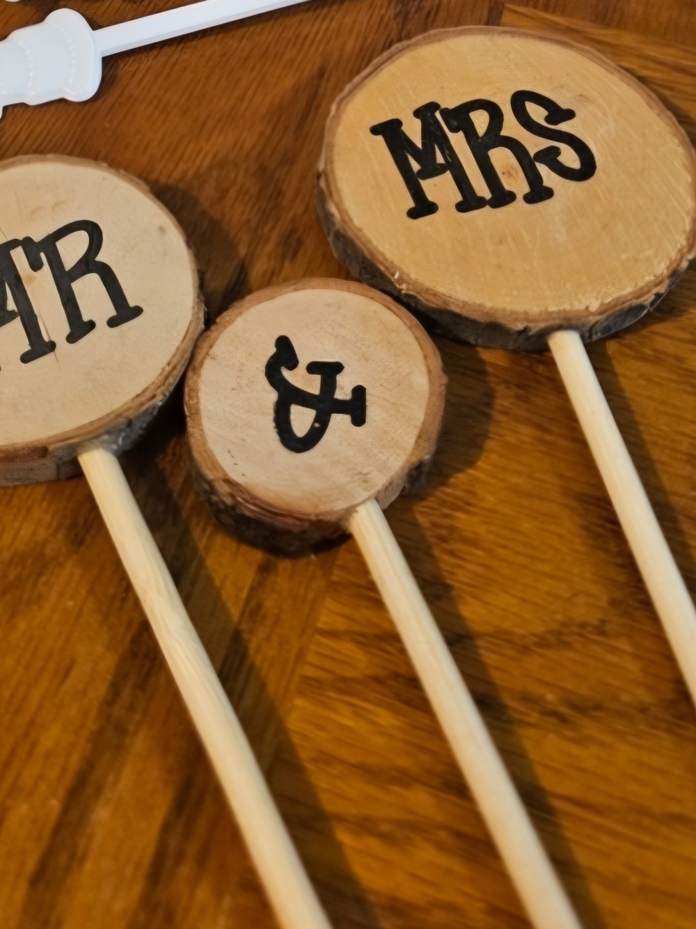 Natural Wood 'MR & MRS' Cake Toppers with Black Lettering